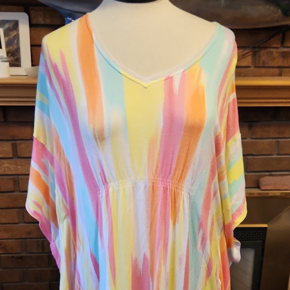 Ellen Tracy 1x Caftan Maxi Dress With Pockets Colorful Spring Easter Soft Comfy